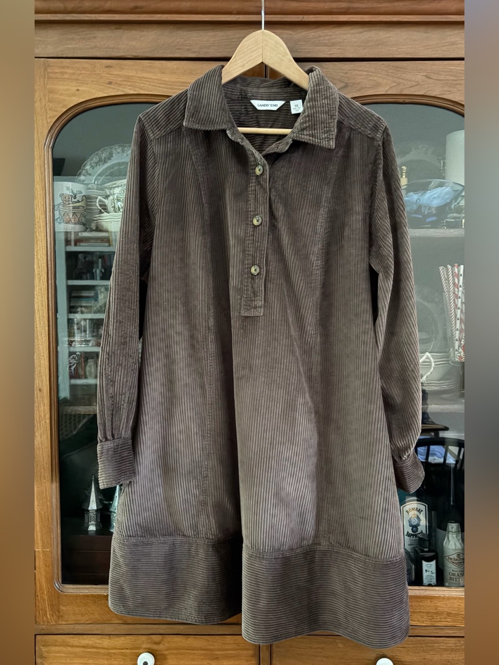 Lands’ End Brown Corduroy Button-Front Women’s Dress with pockets